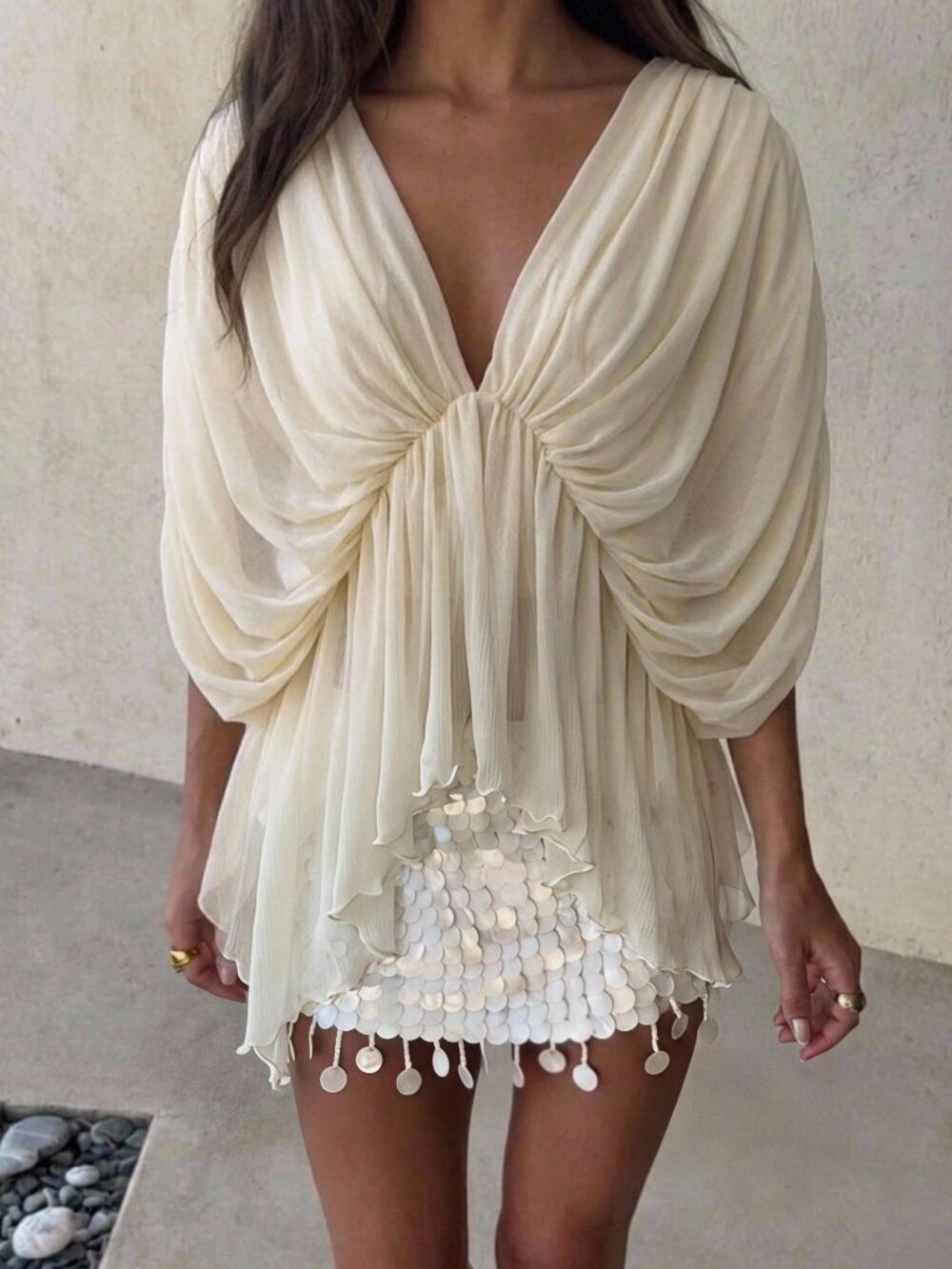 Apricot Casual Women's Soft Style Pleated Mesh Sexy Top